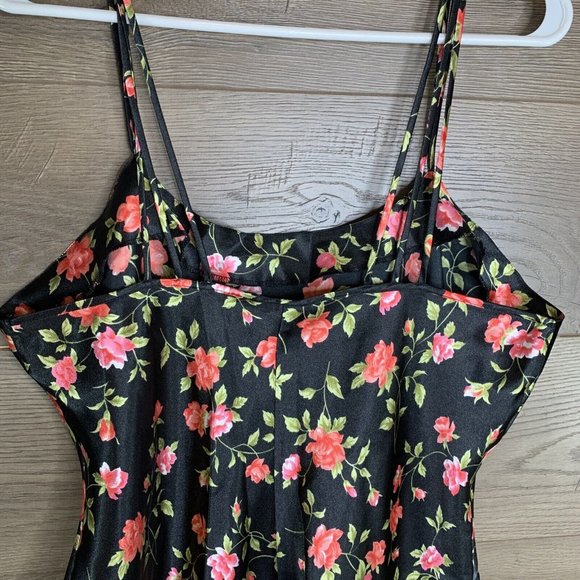 Intimate Moods Satin Night Set Womens L Slip & Cover Chemise Black Red Roses - Picture 4 of 16